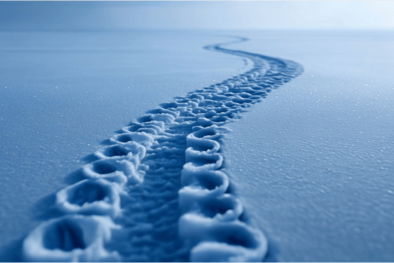 Kurvige Reifenspur im Schnee, die an die Saugnäpfe eines Oktopustentakels erinnert – symbolisiert das agile Handling und die präzise Steuerung der Nissan Original Winterkompletträder.